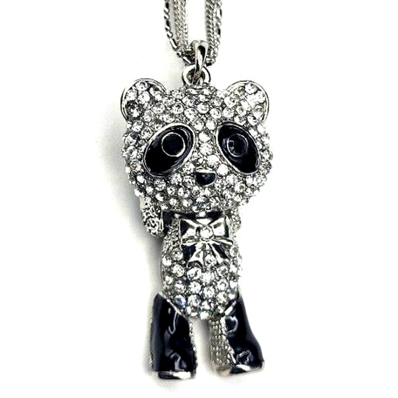 Black Spinel White Zircon Panda Rhodium Over Sterling Articulated 3 Strand Chain - Picture 1 of 11